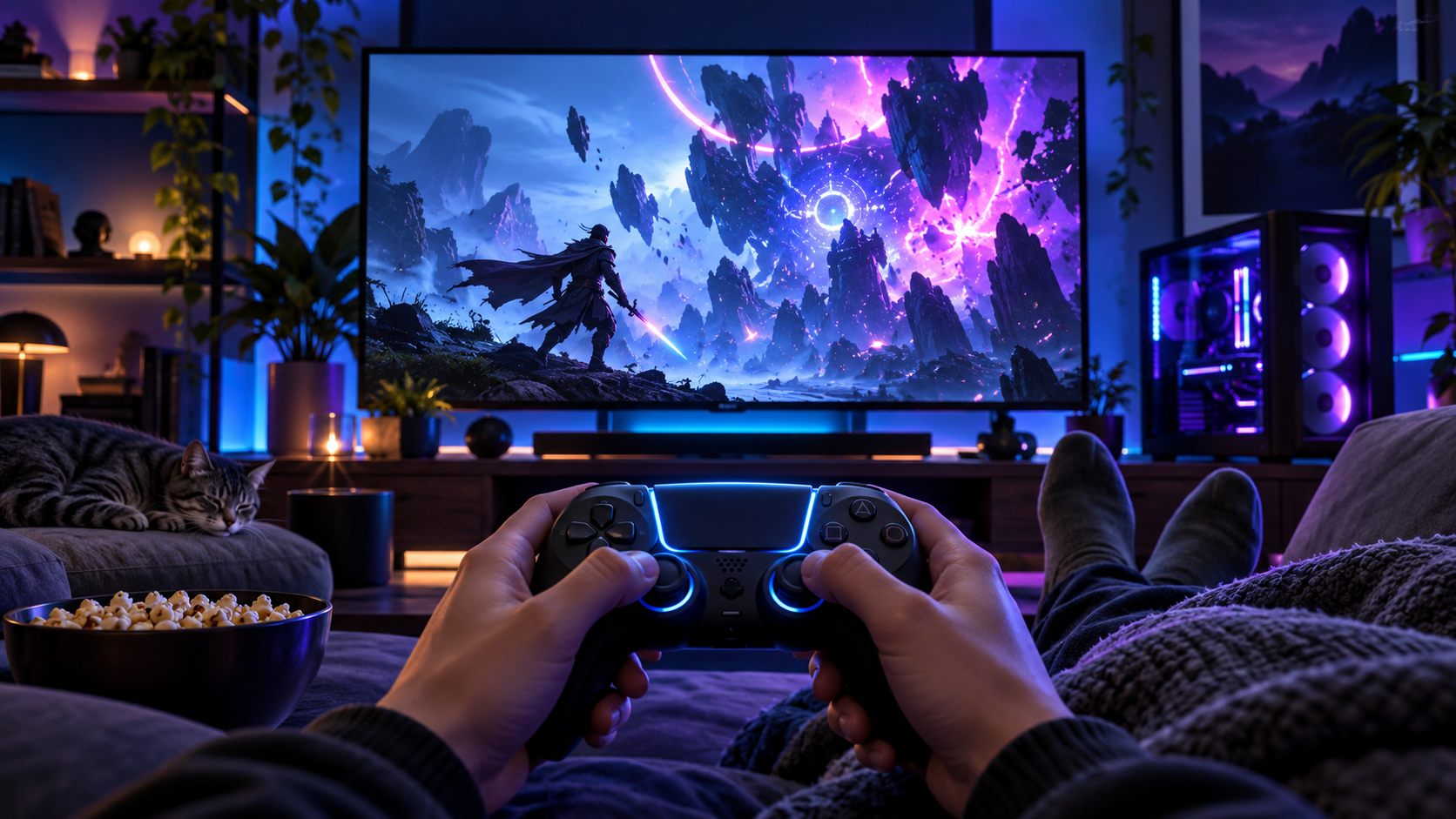 Game controller beside a PC monitor prepared for free PC games