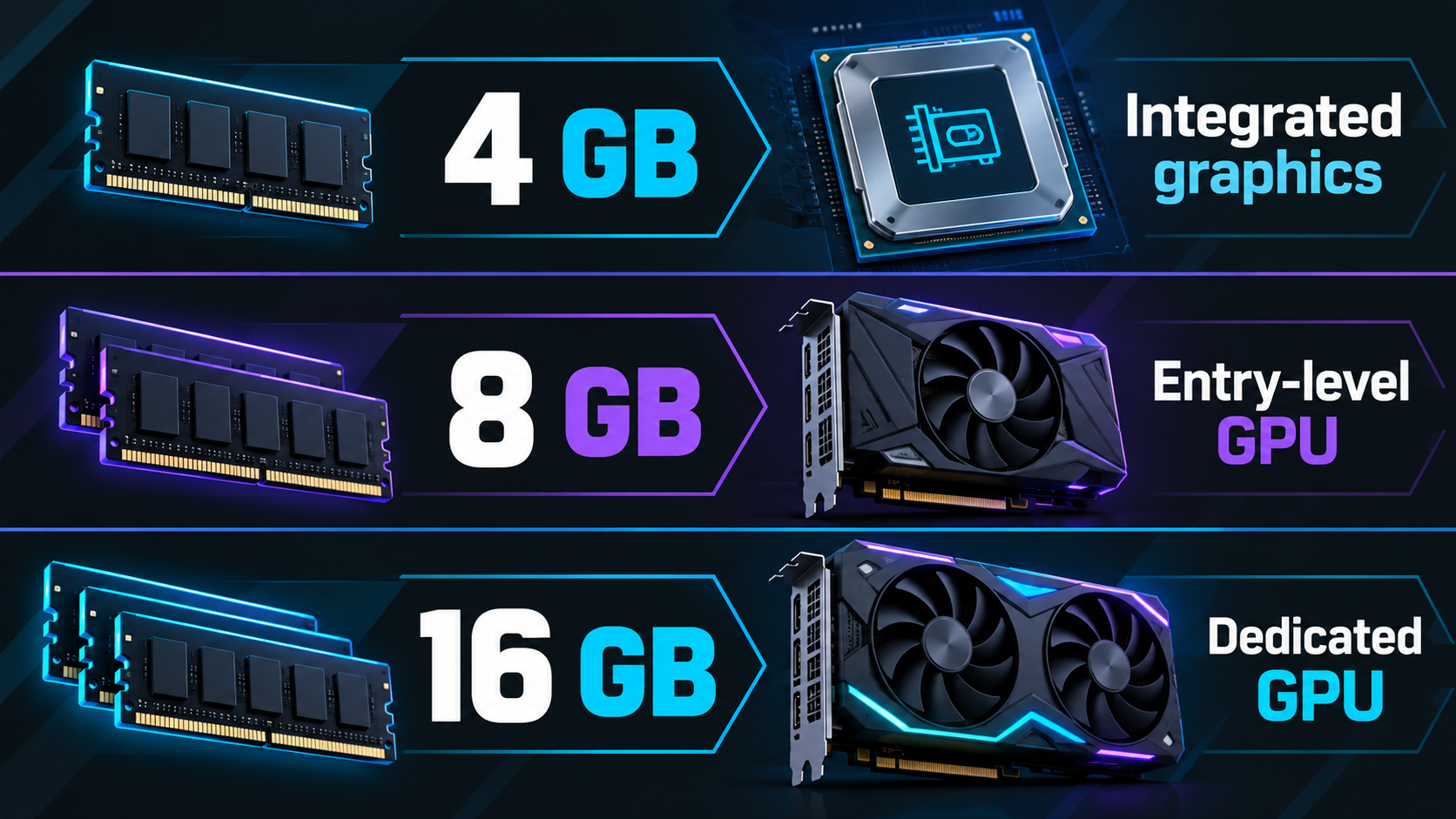 Illustrative PC gaming hardware tiers from 4GB integrated graphics to 16GB dedicated GPU