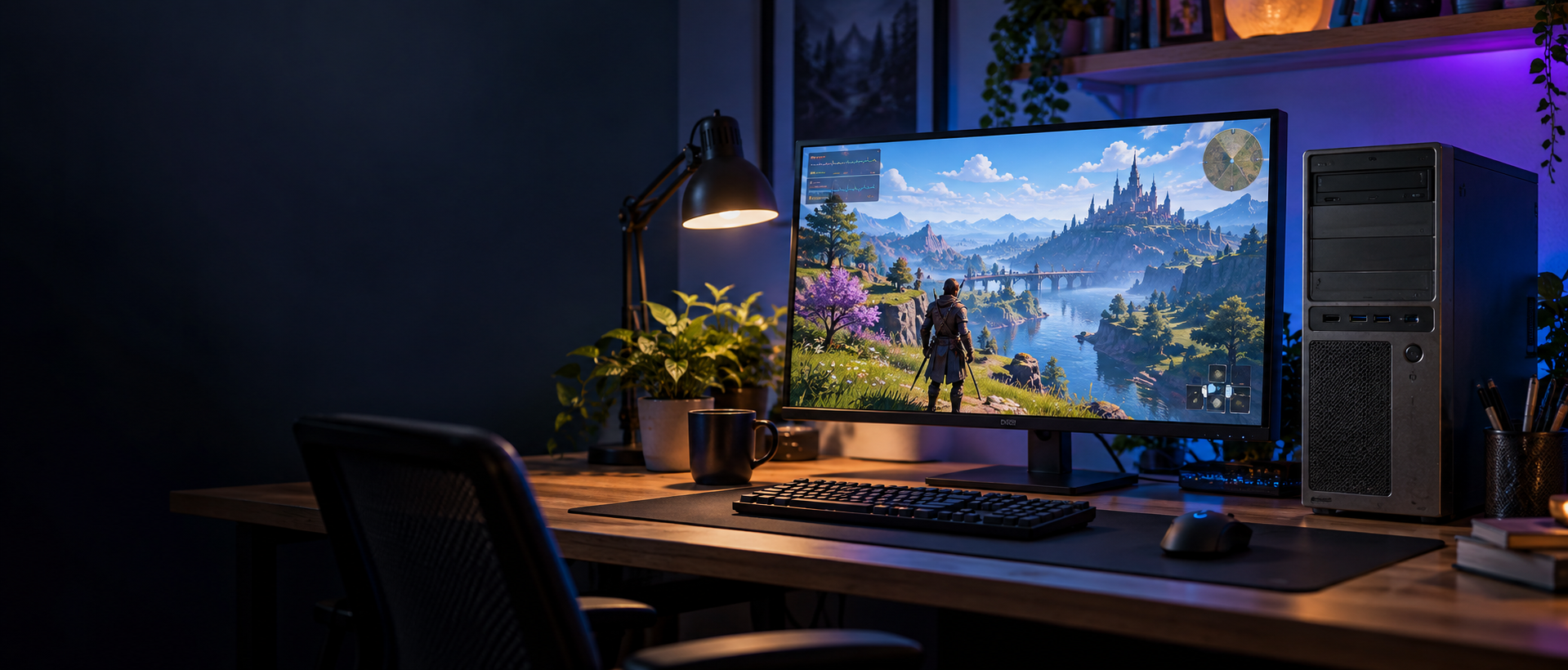 Low-end gaming PC setup running a fantasy game