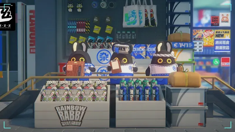 Official Zenless Zone Zero screenshot of a street shop full of snacks and Bangboo plush toys