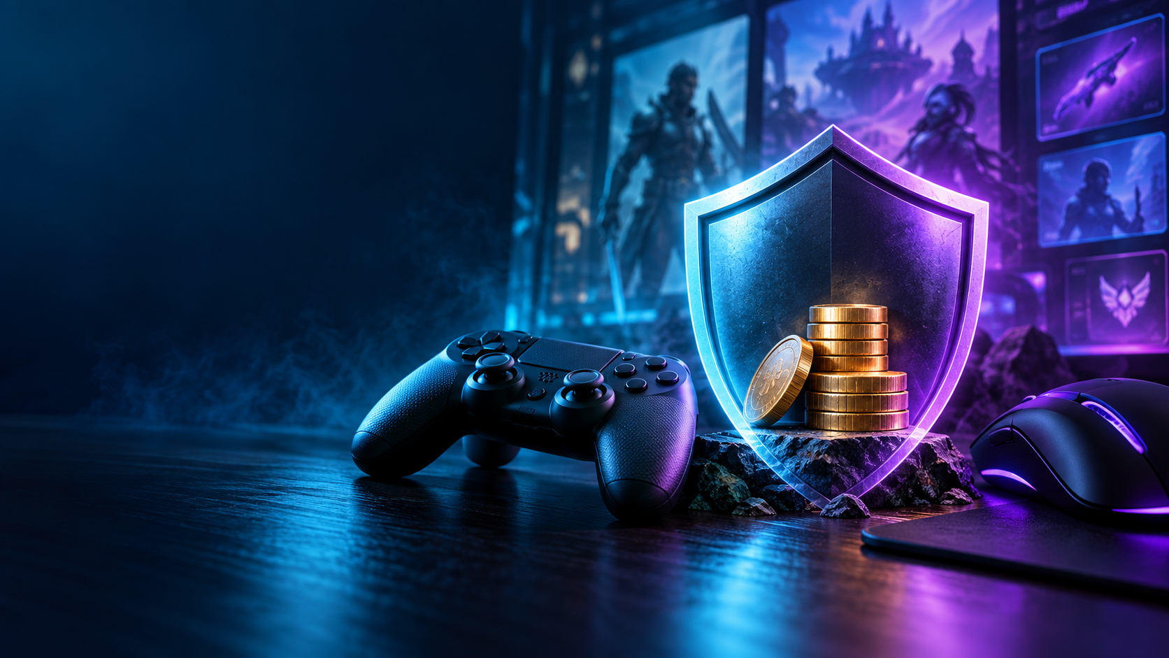 Gaming controller and mouse beside a shield protecting a small stack of coins