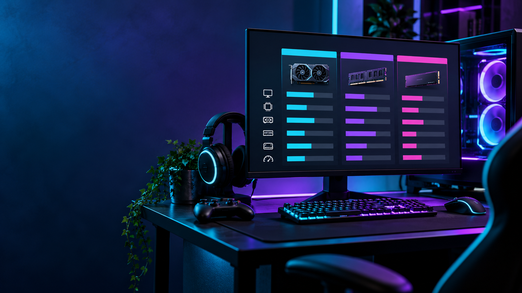 PC gaming hardware comparison dashboard with RAM, GPU and SSD indicators