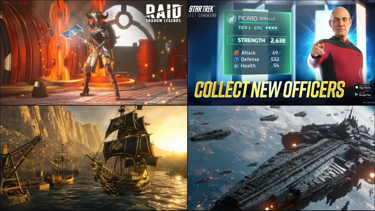 Official art from Raid: Shadow Legends, Star Trek Fleet Command, Sea of Conquest and Project Entropy, four free PC games in the list