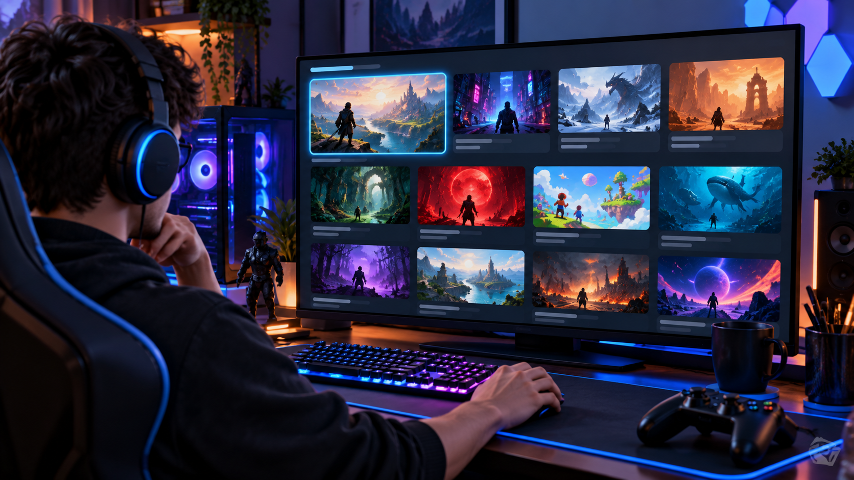PC gaming setup showing a curated library of free Steam game choices