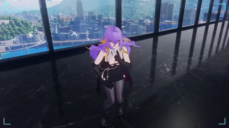 Official NTE: Neverness to Everness screenshot: a purple-haired character in a high-rise apartment overlooking the city of Hethereau