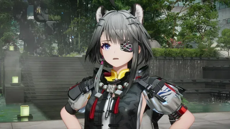One of Endfield's playable operators. Arknights: Endfield official art: an operator with an eyepatch and tactical gear in a garden