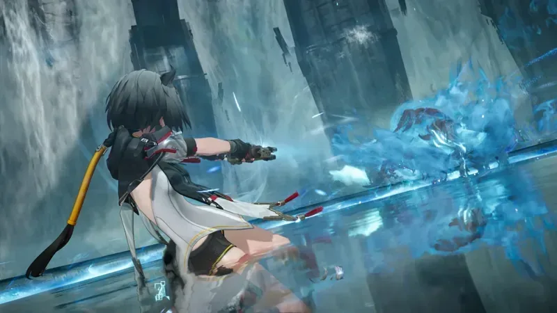 Arknights: Endfield official art: an operator slashing through a wave of blue energy in a canyon