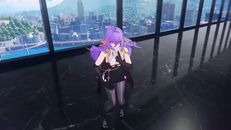 NTE: Neverness to Everness official screenshot: a character in a high-rise apartment overlooking the city of Hethereau
