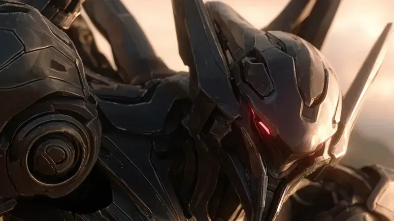 Project Entropy official art: close-up of a battle mech's armored head with a red eye