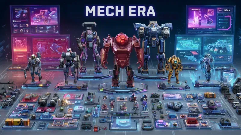 Project Entropy official art: a Mech Era hangar showing rows of mechs and units