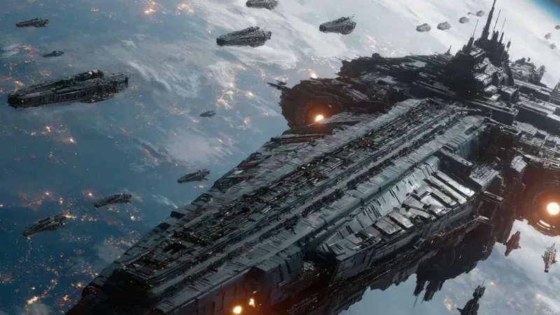 Project Entropy official art: a massive space battleship leading a fleet above a planet