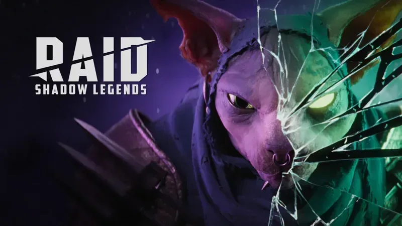 Raid: Shadow Legends official art: a panther-headed champion breaking through glass