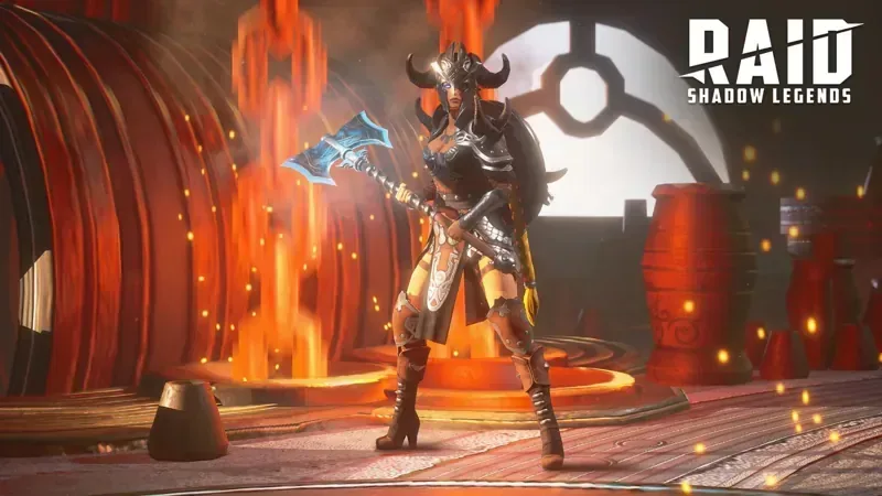 Raid: Shadow Legends official art: a horned warrior champion with an axe in a fiery forge