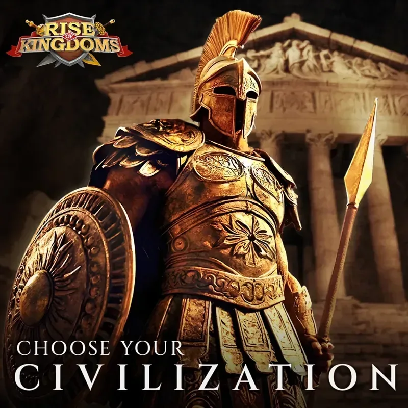 Rise of Kingdoms official art: a Greek hoplite with a bronze shield and the words Choose your civilization