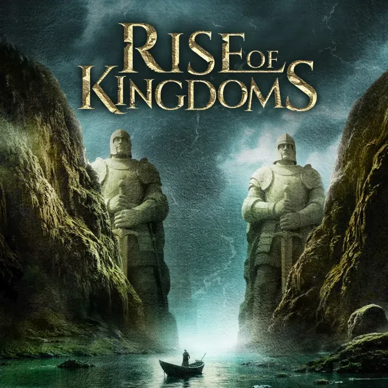 Rise of Kingdoms official art: giant stone statues guarding a river canyon