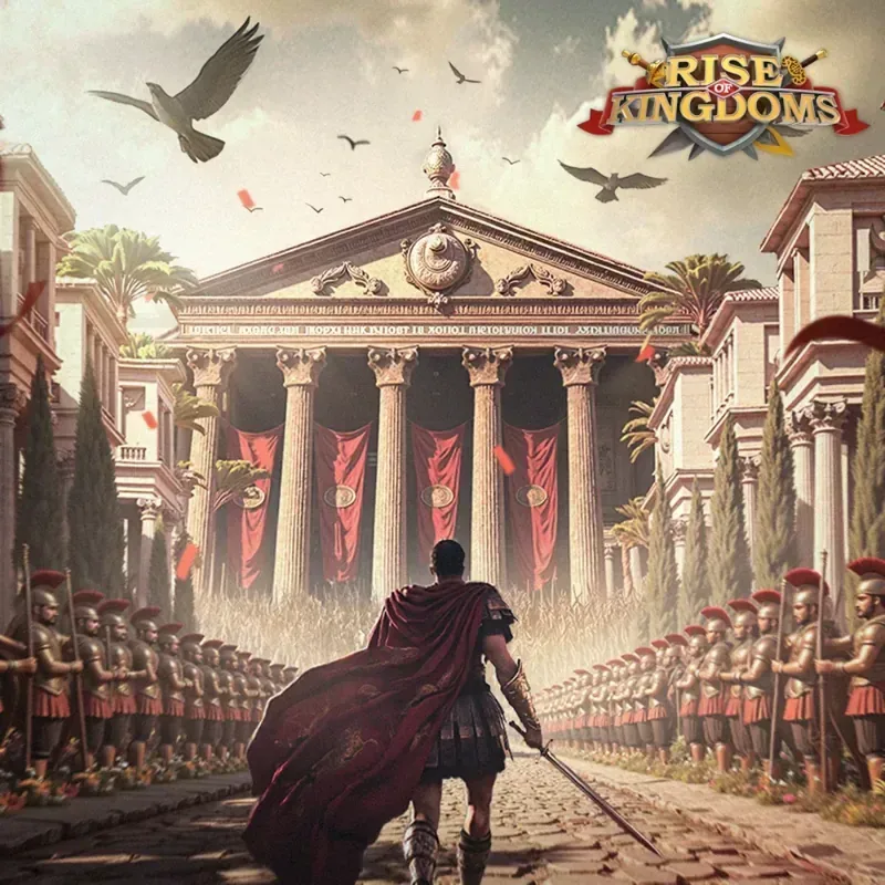 Rise of Kingdoms official art: a commander in a red cape before Roman legions and a temple