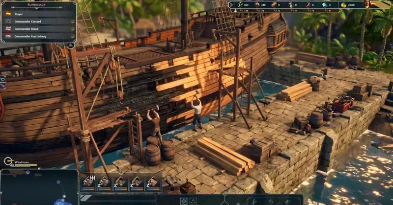 Upgrading ships in your harbor shipyard. Sea of Conquest official screenshot: a ship being built in a harbor shipyard