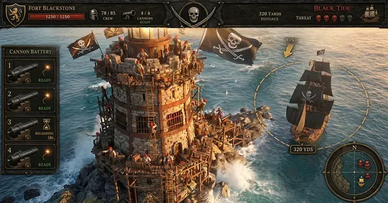 Naval battles against fortified towers. Sea of Conquest official screenshot: a pirate ship attacking a fortified sea tower