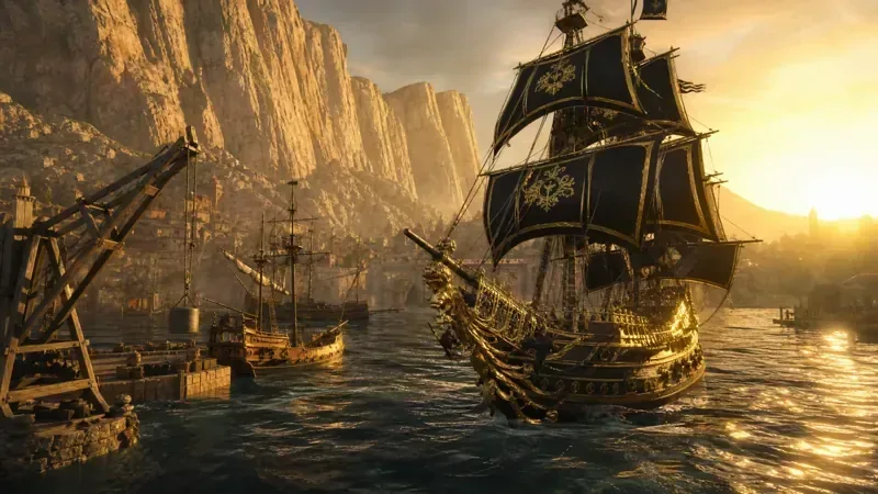 Sea of Conquest official art: a pirate ship with black sails in a golden harbor