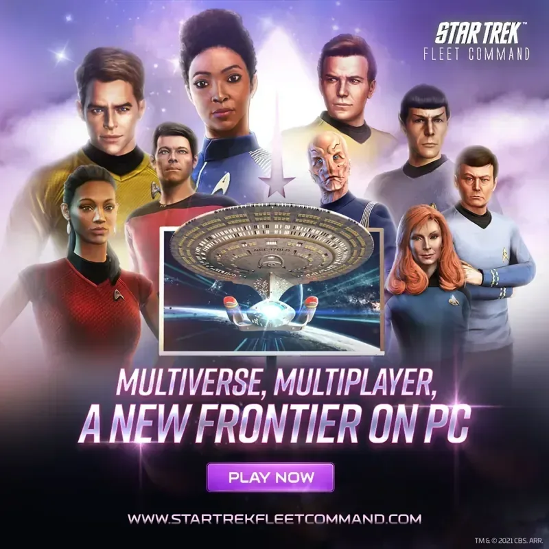 Scopely's official PC launch art. Star Trek Fleet Command official PC poster with Star Trek officers and the USS Enterprise