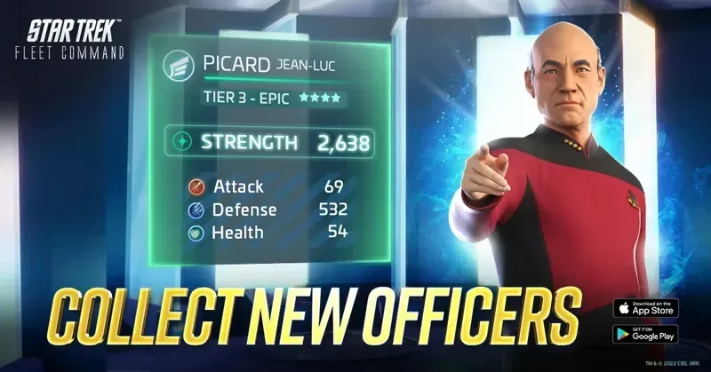 Star Trek Fleet Command official art: Jean-Luc Picard next to his officer card and stats