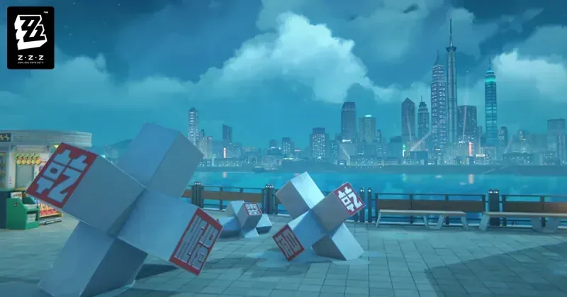 The New Eridu waterfront, where the city meets the Hollows. Zenless Zone Zero official screenshot: the New Eridu waterfront with the city skyline in the background