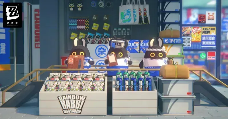 One of New Eridu's small shops, packed with Bangboo merch. Zenless Zone Zero official screenshot: a street shop full of snacks and Bangboo plush toys