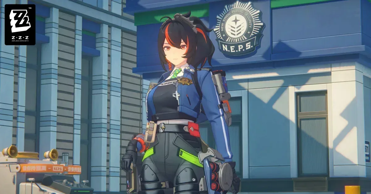 Zenless Zone Zero official art: an Agent in a blue uniform in front of the New Eridu Public Security building